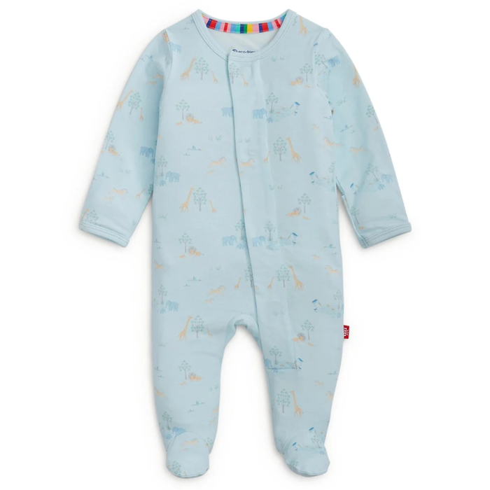Light blue baby onesie with safari animal print on a white background