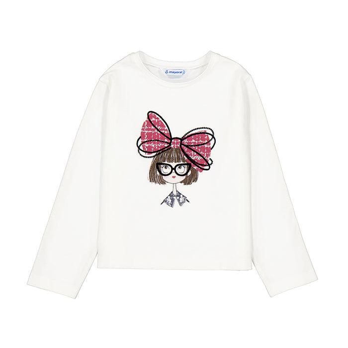Girls white long sleeve shirt with illustrated girl graphic wearing glasses and a pink bow with sparkle detail