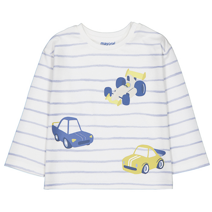 Baby striped long sleeve shirt with colorful race car graphics and shoulder snap closure