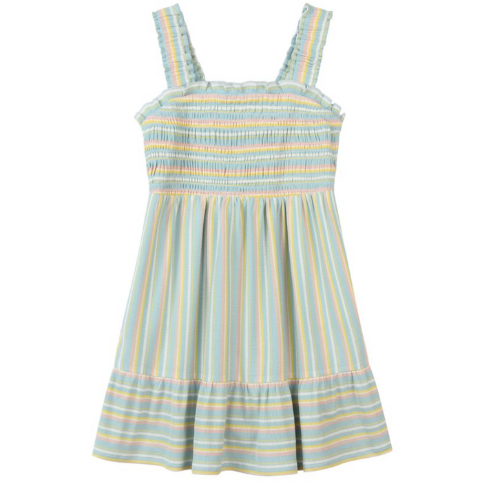 Girls Susie striped smocked dress with wide straps, pastel stripes, and ruffle hem