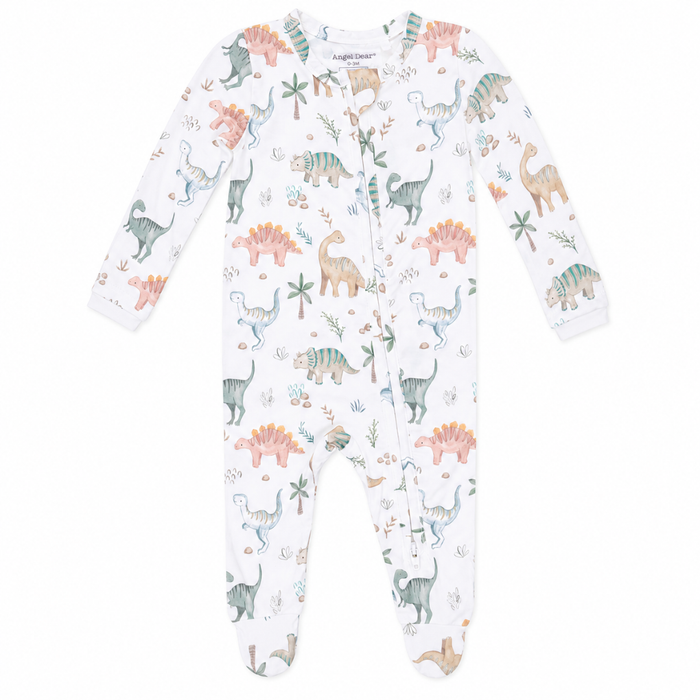 Dinosaur print baby footie with zipper closure and footed design in soft neutral tones