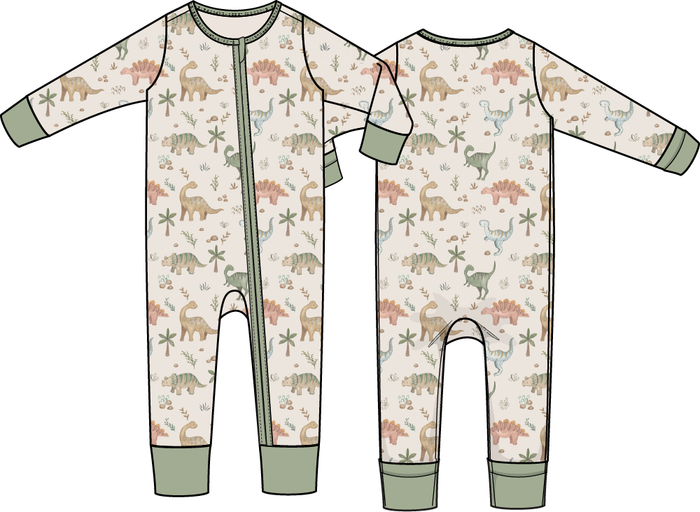 Baby romper with dinosaur print and sage green trim, long sleeve zipper sleeper with soft knit fabric