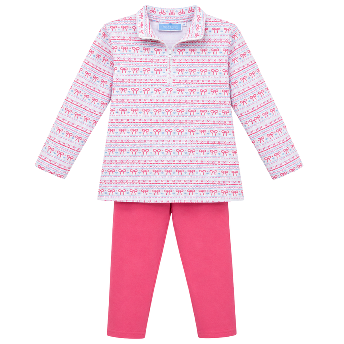 Girls two-piece set with bow print quarter zip pullover and solid pink leggings, featuring a soft and comfortable fit.