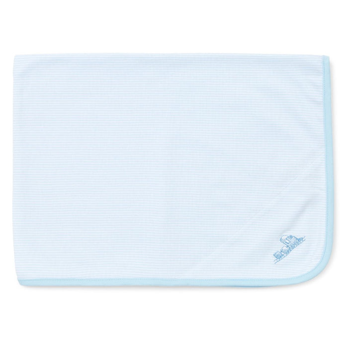 Little Me striped cotton receiving blanket in blue and white, part of the Thank Heaven for Little Boys collection.