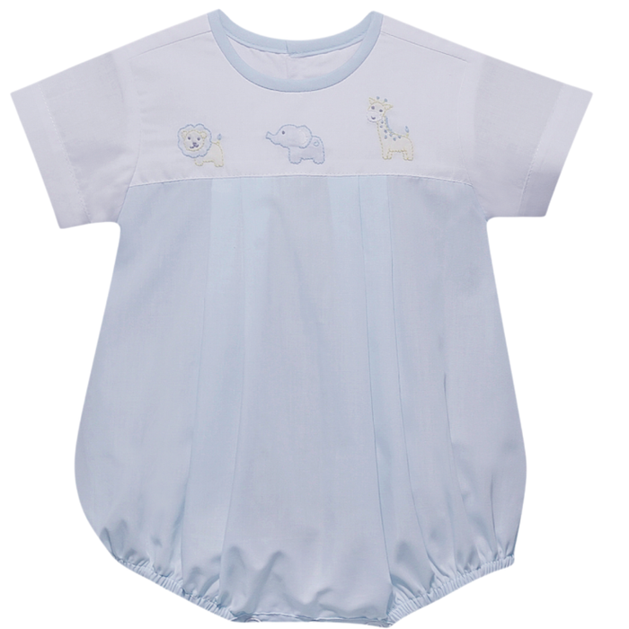 Baby boys light blue short sleeve bubble romper with embroidered safari animals across chest on white background