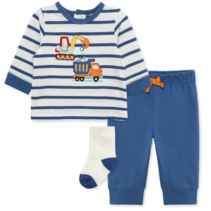 A baby clothing set featuring a long-sleeve top with navy and white horizontal stripes, a colorful construction truck graphic on the chest, matching blue pants with an orange drawstring, and a pair of white socks with blue toes and heels, all displayed on a clean white background.