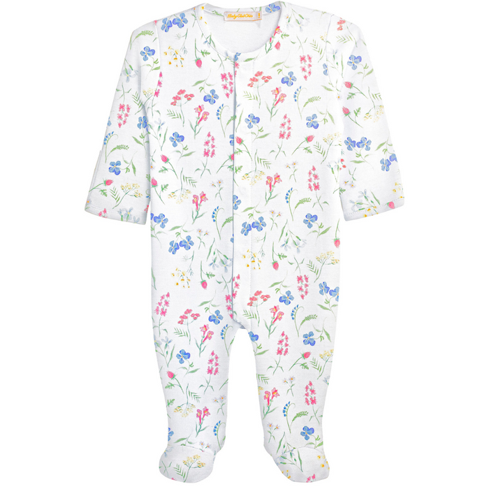 white footie with pink, blue, and yellow flower print.