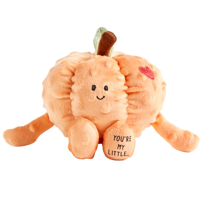Soft orange pumpkin-shaped plush toy with embroidered face, stitched heart detail, and “You’re My Little…” on the foot, shown on a white background.