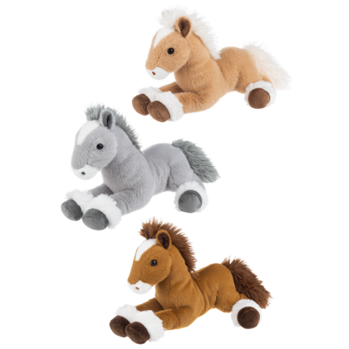 Three plush horses in tan, gray, and brown colors with soft manes and tails lying down on a white background.