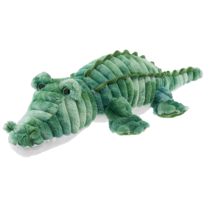Green plush alligator stuffed animal with ribbed textured body and white underside on black background.