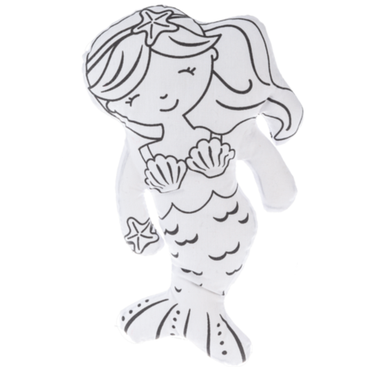 White color-your-own mermaid plush with black outline details, seashell top, and starfish accents on a white background.