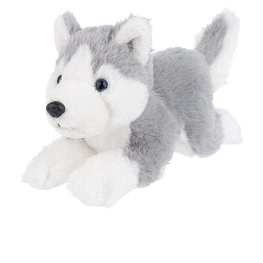 Gray and white plush husky stuffed animal with blue eyes lying down on a white background.