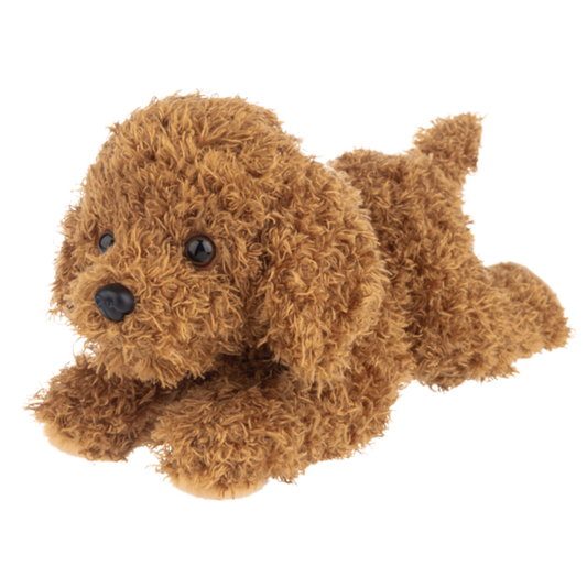 Brown Labradoodle plush stuffed dog with curly fur and floppy ears lying on a white background.