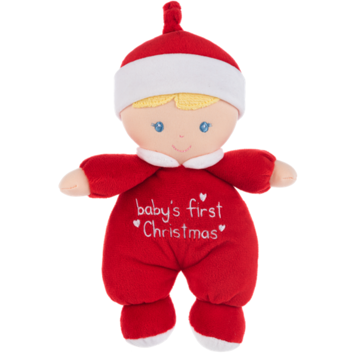 Baby’s first Christmas plush doll wearing red outfit and Santa hat with embroidered text.