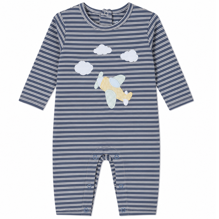 Baby boy blue striped romper with airplane and cloud appliqué and snap closure