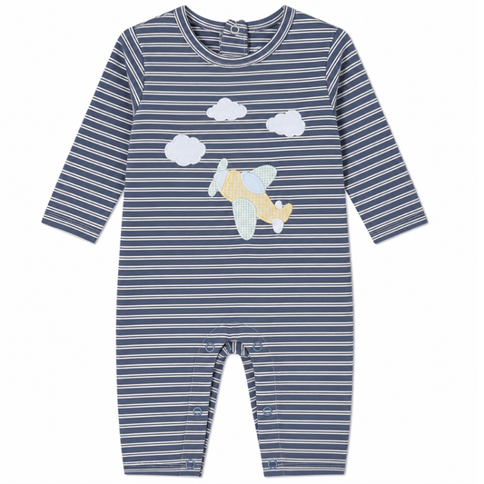 Baby boy blue striped romper with airplane and cloud appliqué and snap closure