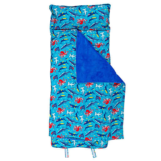 blue nap mat with sharks and octopus' on it