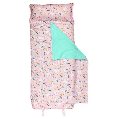 pink nap mat with unicorns on it