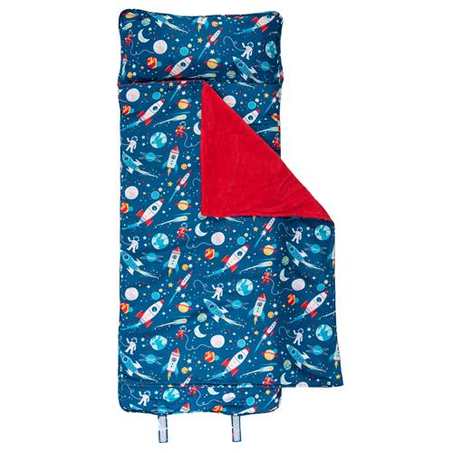 blue nap mat with an astronaut print