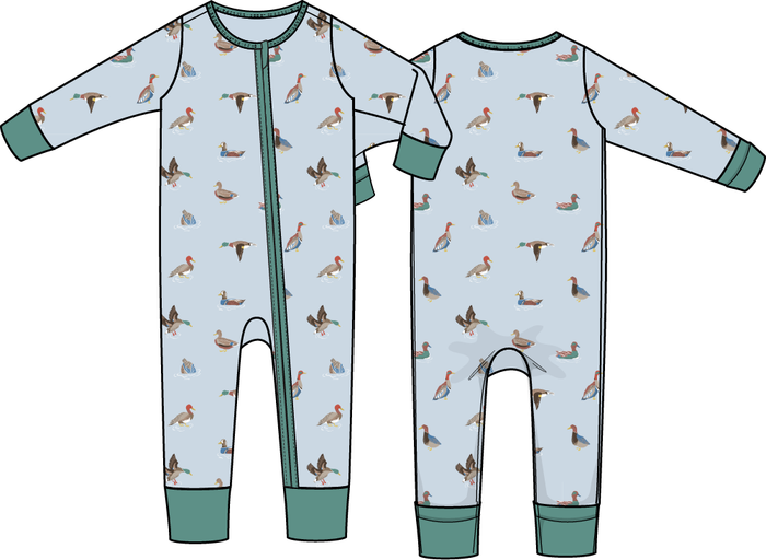 Blue baby zip romper with allover duck print and sage green trim, long sleeve soft knit baby sleeper