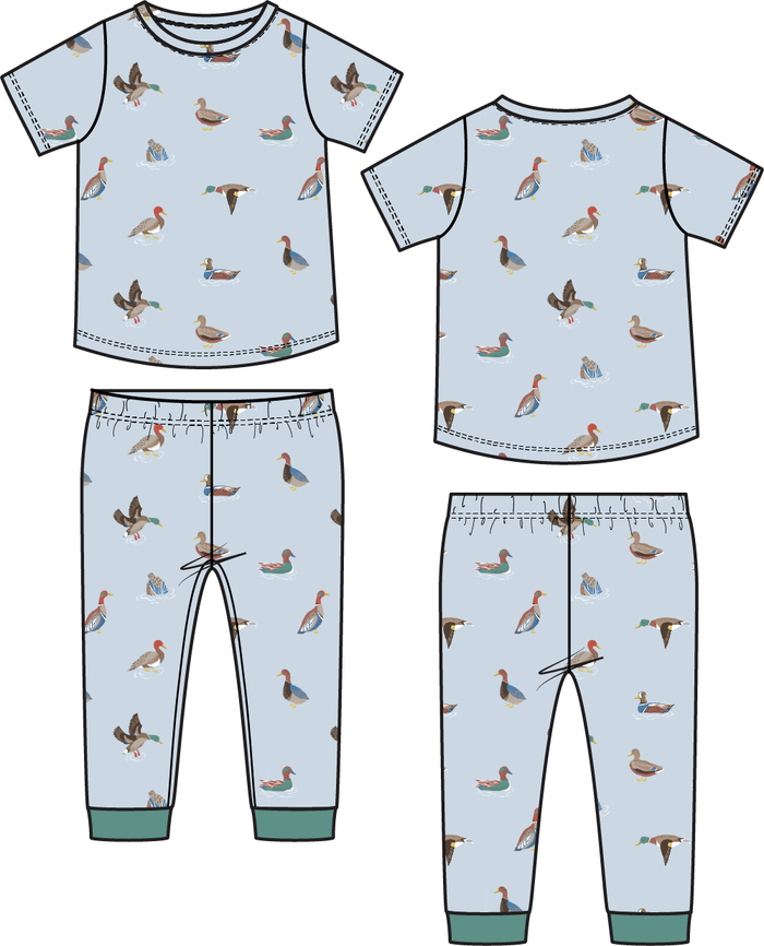 Boys duck print loungewear set with short sleeve top and matching pants in soft blue fabric