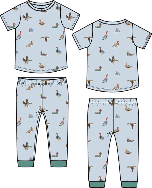 Boys duck print loungewear set with short sleeve top and matching pants in soft blue fabric