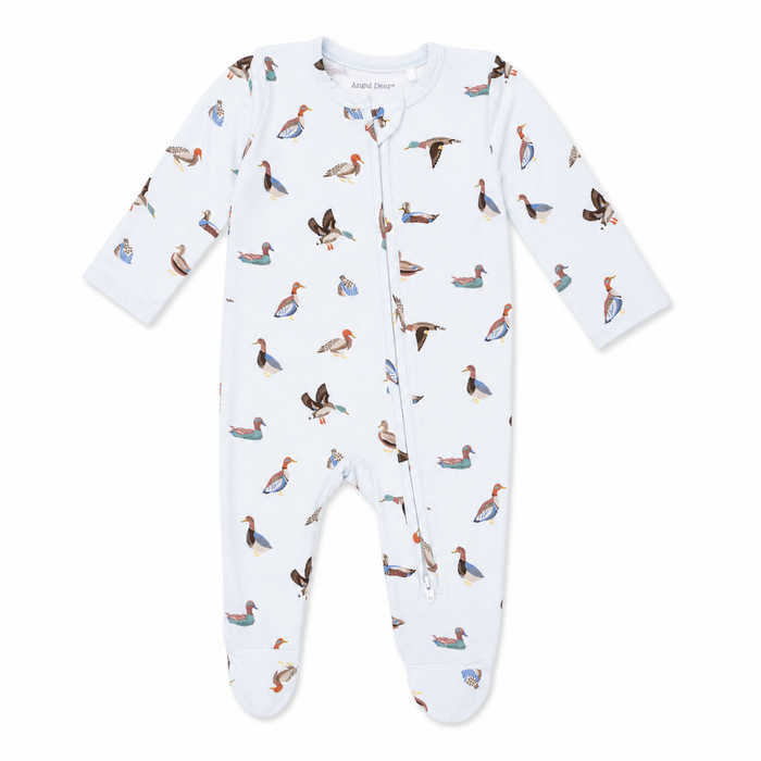 Blue duck print baby footie with zipper closure and footed design, soft baby sleeper