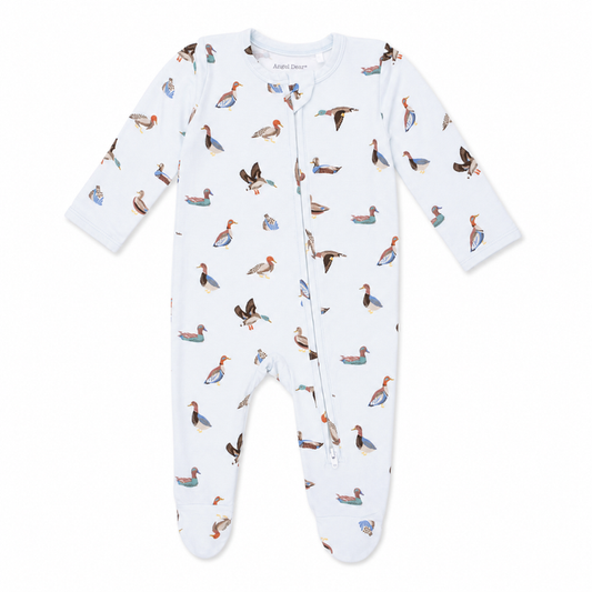 Blue duck print baby footie with zipper closure and footed design, soft baby sleeper