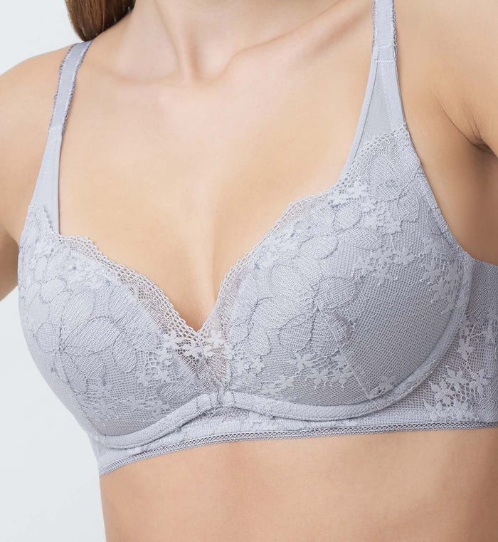 Aqua Plumeria Non-Wired Push Up Deep V Bra - FEATHER
