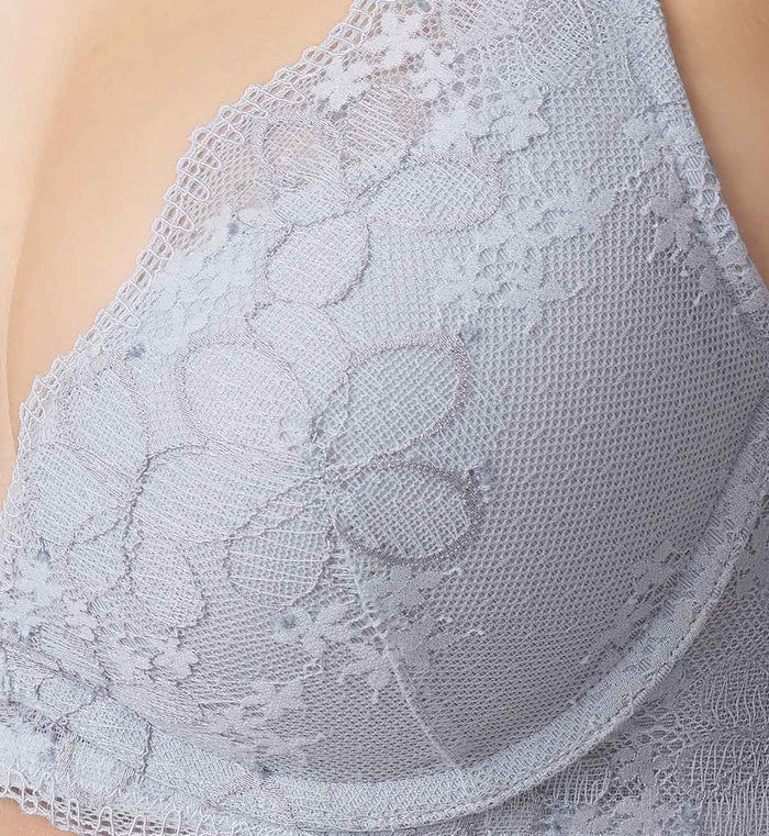 Aqua Plumeria Wired Push Up Deep V Bra - FEATHER