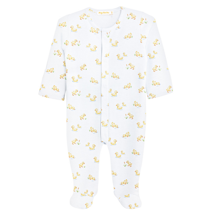 white footie with yellow momma and baby duck print made from peruvian pima cotton