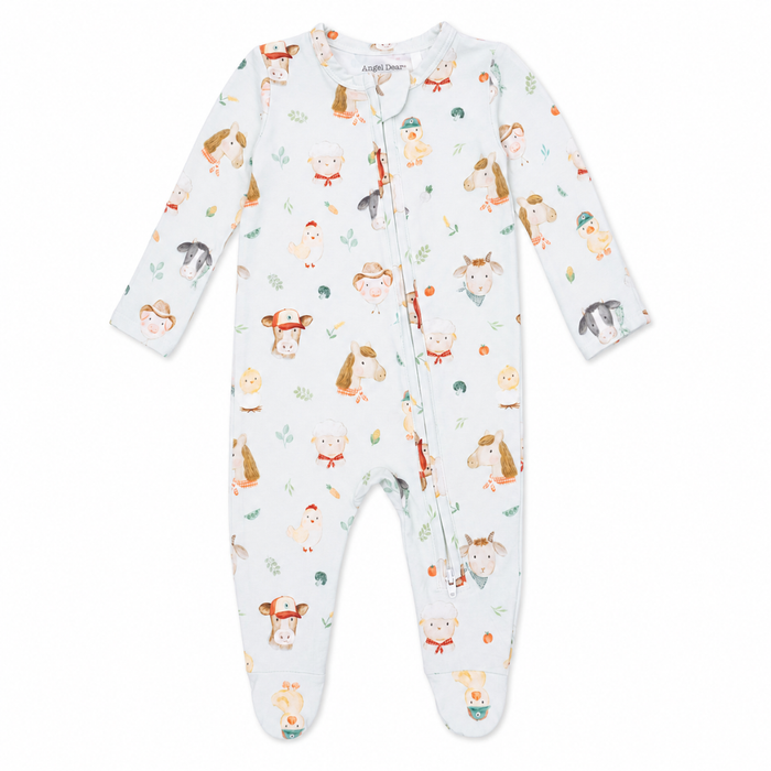 Farm animal baby footie with zipper closure and footed design, sage green print with cows and chicks