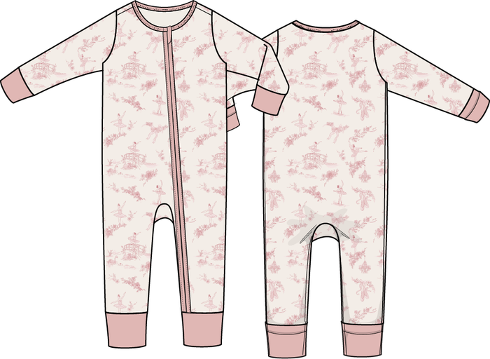 Blush pink baby romper with ballet toile print, long sleeve zipper sleeper with soft knit fabric