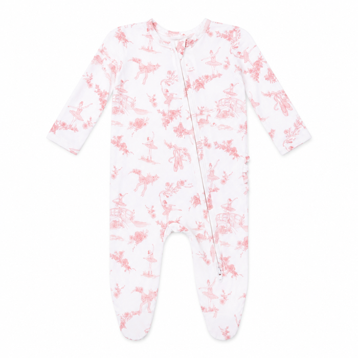 Blush ballet toile baby footie with zipper closure, ruffle back detail, and footed design