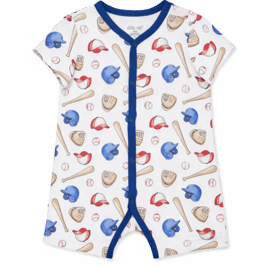 Baby short sleeve baseball print romper with blue trim, featuring helmets, bats, gloves, balls, and red caps on white fabric.