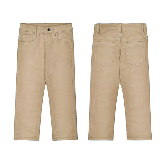 Boys khaki pants with straight fit, button closure, belt loops, and front and back pockets