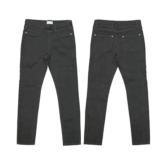 Black denim elastic waist jeggings.