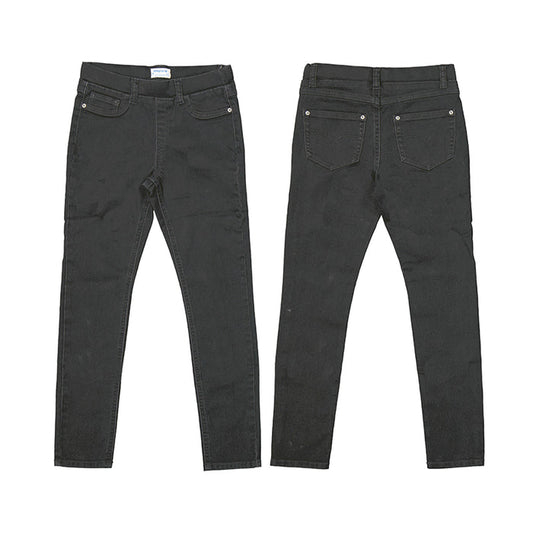 Black denim elastic waist jeggings.