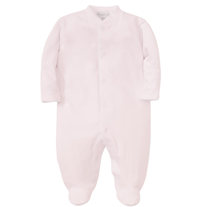 plain pink knit footie with white picot trim down the snap front