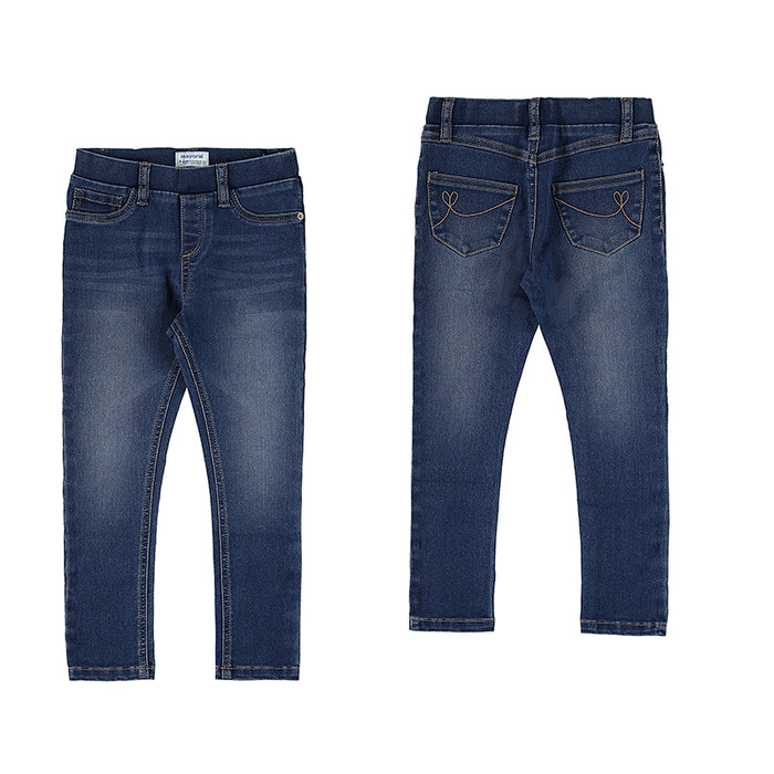 Girls’ medium wash jeans with front and back pockets, straight legs, and a soft, worn-in denim look.