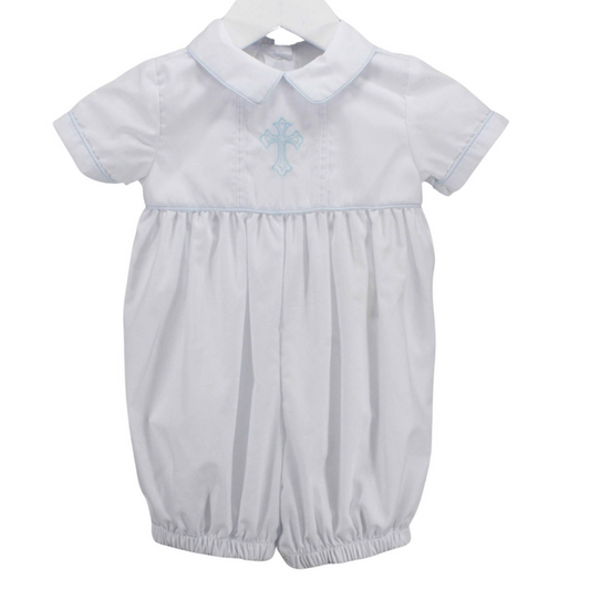 white baby boy traditional style romper.  Light blue piped Collar and short sleeves with an embroidered blue shadow stitch cross on the front.