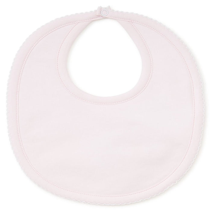 light pink bib with white picot trim around