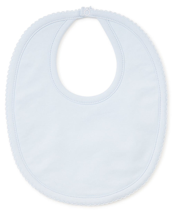 light blue bib with white picot trim around