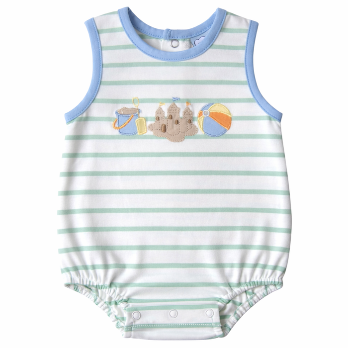 Striped boys bubble with beach sandcastle appliqué, light blue trim, and snap closure displayed on a white background.
