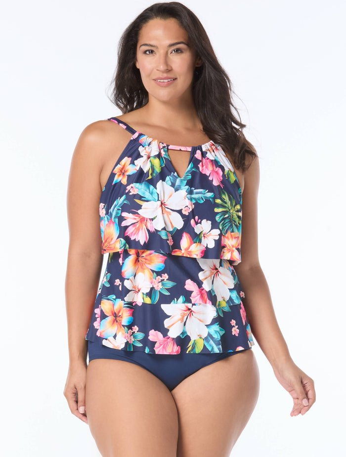 Beach House Plus Size Jaclyn High Neck Ruffle Tankini Top - Vibrant Vacay - 511 Admiral