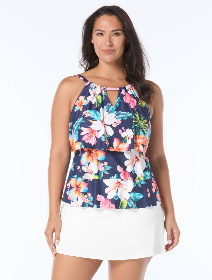 Beach House Plus Size Jaclyn High Neck Ruffle Tankini Top - Vibrant Vacay - 511 Admiral