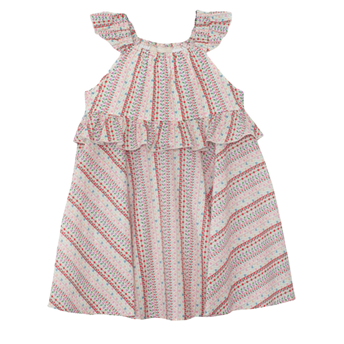 Floral striped girls dress with flutter ruffle sleeves and tiered design on white background