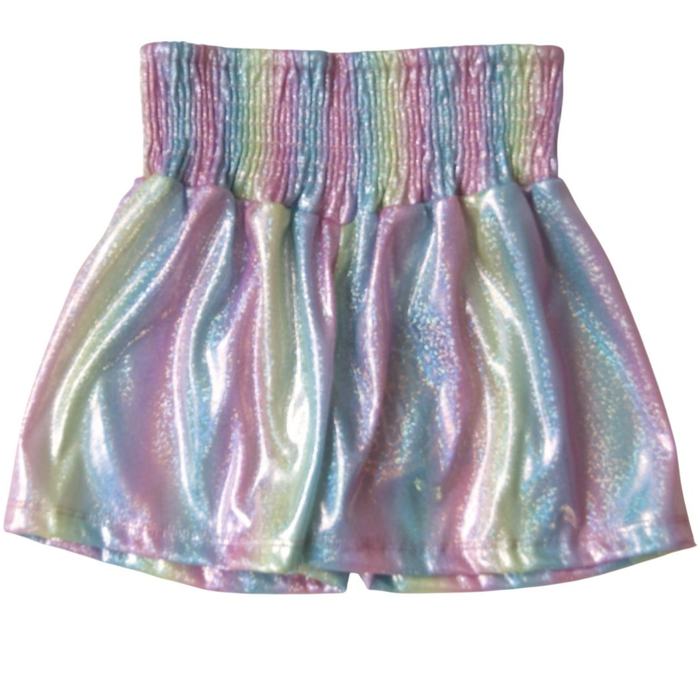 Pastel iridescent girls skort with smocked waistband and metallic rainbow shimmer finish.