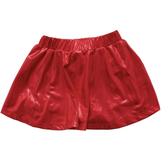 Red metallic girls skort with elastic waistband and built-in shorts.