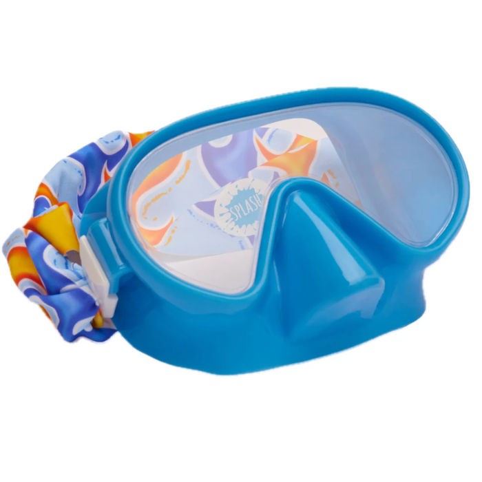 Kids blue full swim mask with clear lens and blue orange printed strap on white background.